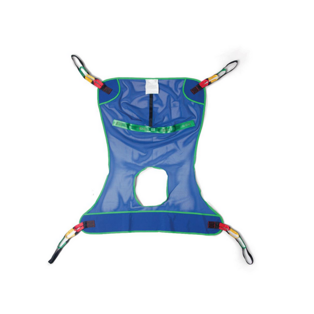 The Medline Reusable Full-Body Patient Sling, shown flat on a white background, is blue and green with four black corner straps, a large central opening, and a white label at the top for patient transfers.